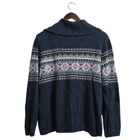 Tiara Woman Vintage Blue Fair Isle Ramie Blend Zip Front Sweater Sz 1X - Picture 5 of 8